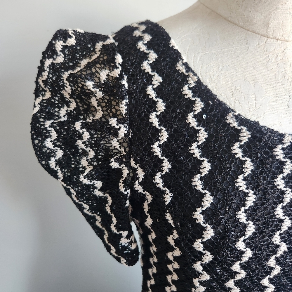 Black and White Patterned Lace Sequins Dress Sz 6-8 Whimsigoth Witchy Goth Prom - Picture 2 of 11